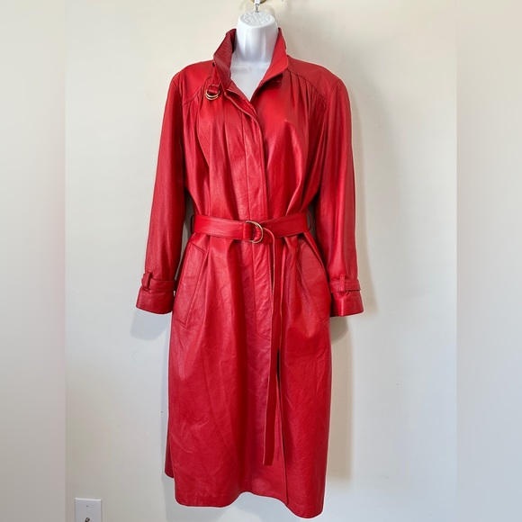 Vintage Red Genuine Leather Belted Trench Coat By Breier of Amsterdam Size 10 - Picture 11 of 16